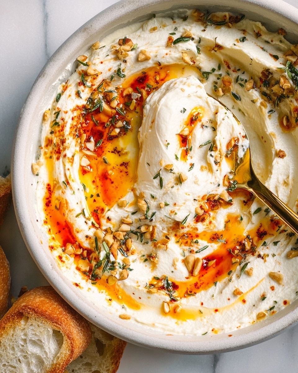 The image shows a white bowl with a spread of creamy white cheese that is thick and smooth, covering almost the whole bowl. Over the cheese layer, there are bright orange-red swirls of olive oil or sauce, sprinkled with small pieces of green herbs and crushed nuts, adding texture. A gold and black spoon rests in the bowl, with some cheese on it, showing the creamy texture. Part of a white marbled surface is visible beneath the bowl, and a piece of bread with cheese spread on it sits nearby. Photo taken with an iphone --ar 4:5 --v 7