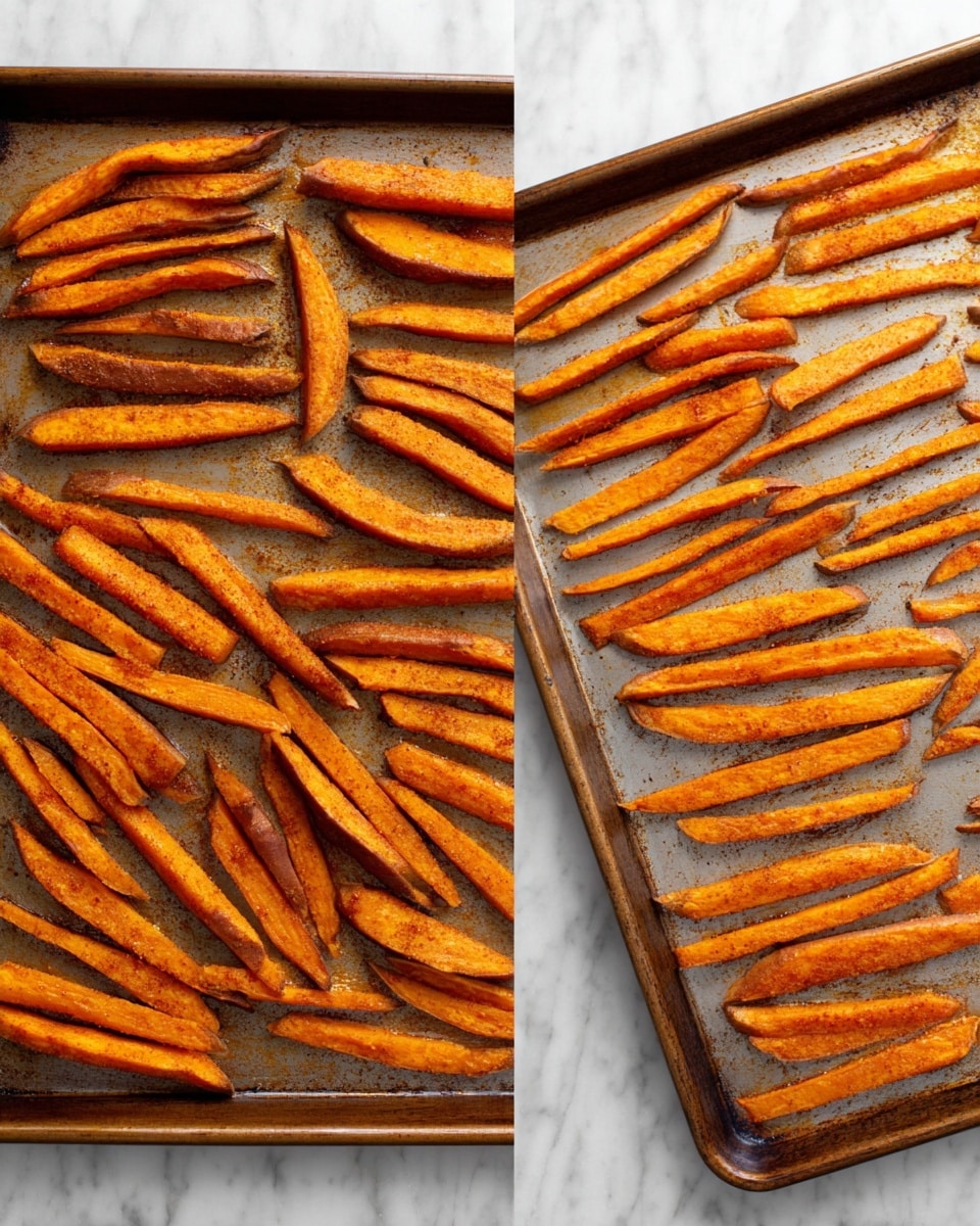 The image shows two baking trays filled with evenly spaced sweet potato fries. Each fry is long, thin, and orange with a slightly rough texture from the spices, giving them a golden-brown color with darker spots where they are crispier. The trays rest on a white marbled surface, and the fries are arranged in neat rows, showing a mix of straight and slightly curved shapes. The close-up view highlights the texture and color contrast of the fries against the baking trays. Photo taken with an iphone --ar 4:5 --v 7