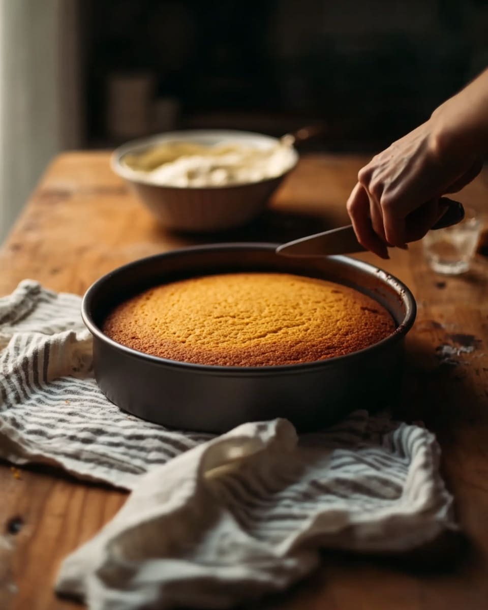 A round yellowish-brown cake rests in a dark metal pan on a wooden table, with a woman's hand holding a knife gently slicing the cake. The cake has a slightly rough texture on top with some darker golden brown spots. Next to the pan, a white and gray striped cloth lies casually on the table, and a blurred bowl filled with cream or frosting sits in the soft background. The scene is warm and softly lit, focusing on the cake and the woman's hand. The surface beneath is changed to a white marbled texture. Photo taken with an iphone --ar 4:5 --v 7