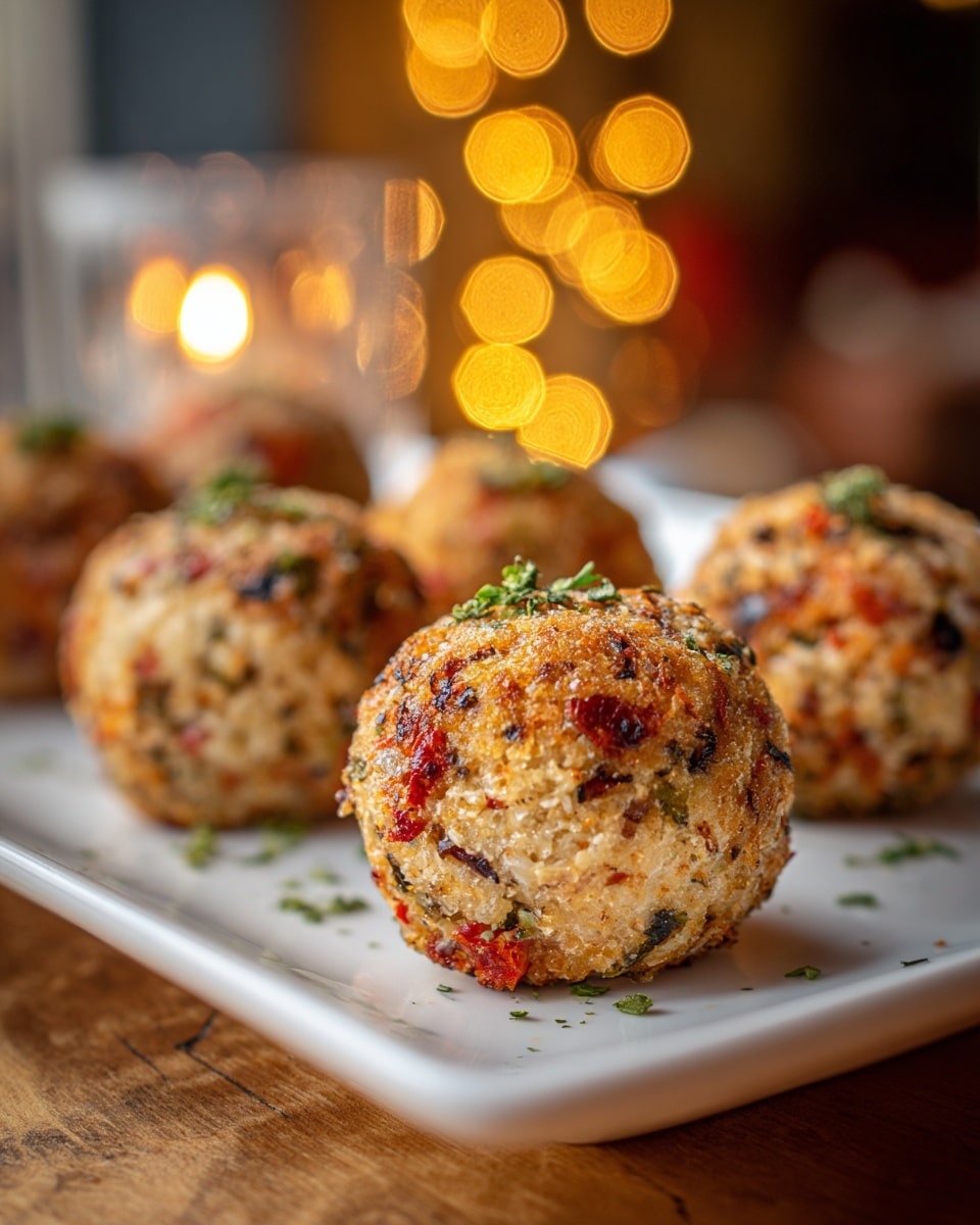 The image shows round croquettes placed on a white tray, arranged unevenly with three more croquettes visible in the background. Each croquette has a rough texture with bits of red, green, and brown evenly spread throughout, and the surface looks slightly baked or toasted with a crispy, golden-brown color. Small green herbs decorate the top of the closest croquette, adding a fresh touch. The tray rests on a wooden surface, but the background is softly blurred to keep attention on the food. Warm yellow lights are softly glowing in the far background, creating a cozy atmosphere. photo taken with an iphone --ar 4:5 --v 7