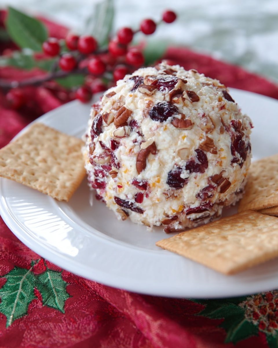 A ball-shaped cheese mixture covered in small pieces of dried red cranberries and chopped brown nuts, placed on a white plate with a light brown square cracker resting behind it. The plate sits on a red fabric with a green holly leaf and red berry pattern, while the background features a soft, out-of-focus white marbled texture. Photo taken with an iphone --ar 4:5 --v 7