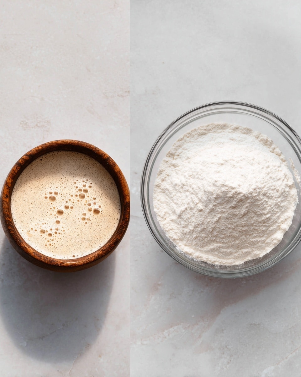 The image shows two side-by-side bowls on a white marbled surface. On the left, there is a small wooden bowl filled with a frothy, light tan liquid that has bubbles on the top, giving it a creamy texture. On the right, there is a larger clear glass bowl filled with white powdered flour, smooth and evenly spread out. Both bowls are simple and focus clearly on their contents, with natural light highlighting the textures of the liquid and powder, photo taken with an iphone --ar 4:5 --v 7