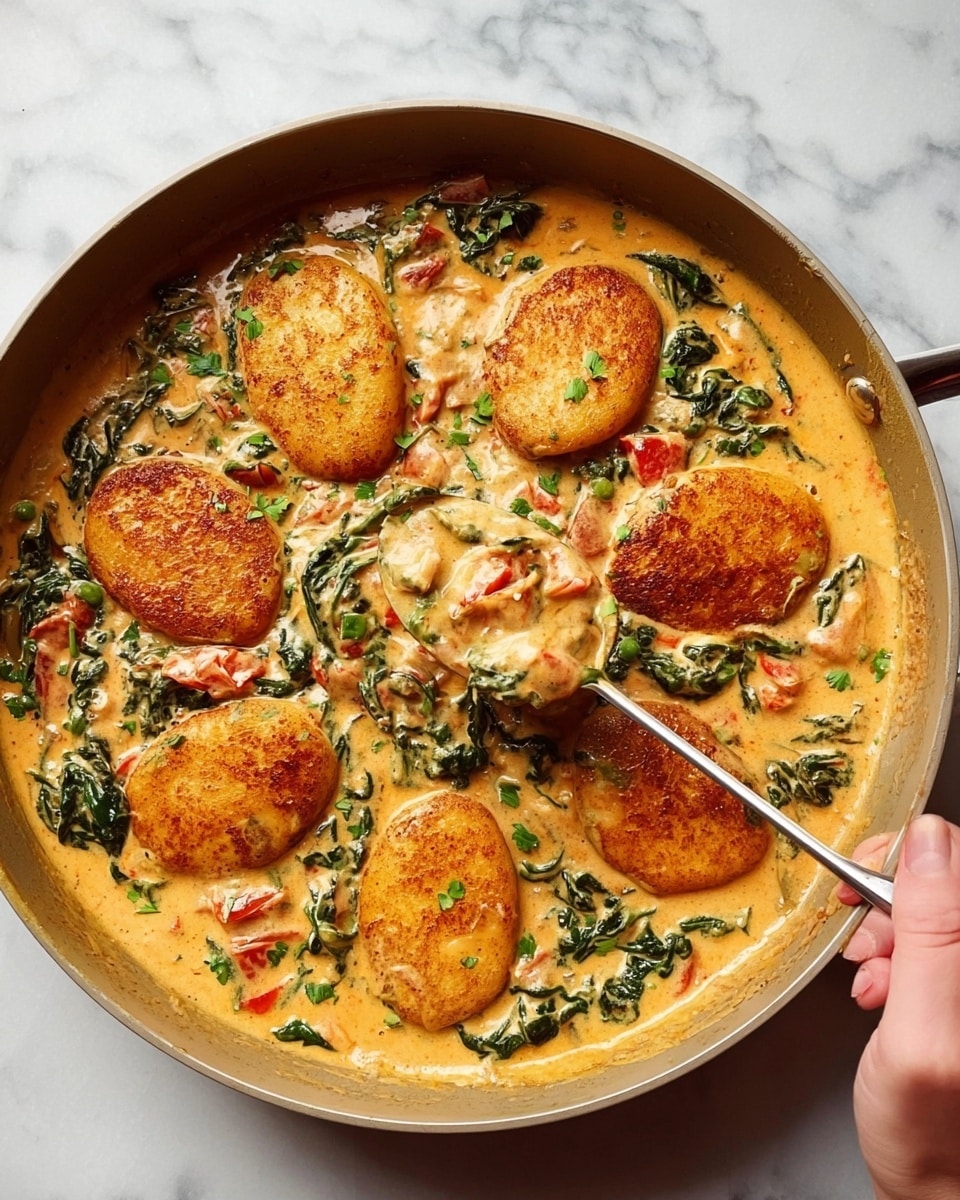 The dish shows a round deep pan filled with a creamy orange sauce mixed with green leafy herbs and small bits of red tomatoes. On top of the sauce, there are seven large, golden-brown, oval shaped pieces arranged evenly, looking soft and cooked. A woman's hand is holding a spoon scooping up the sauce and one of the golden pieces from the center. The pan is set on a white marbled surface. Photo taken with an iphone --ar 4:5 --v 7