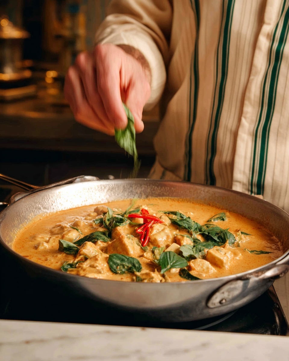 A metal pan filled with a rich, creamy orange sauce that has chunks of light-colored meat or tofu inside. On top, there are fresh green basil leaves and small pieces of red chili. A person wearing a cream shirt with dark green stripes is sprinkling more basil leaves over the dish with their hand. The background has a soft kitchen setting with warm lighting and the surface below the pan is a white marbled texture. photo taken with an iphone --ar 4:5 --v 7