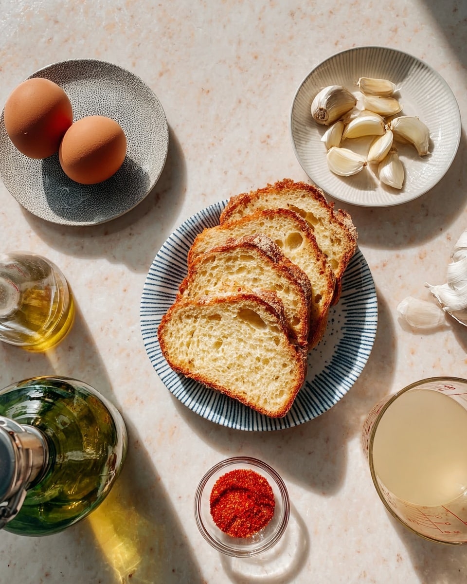The image shows a white plate with blue stripes holding four slices of golden brown bread with a crunchy crust and soft inside, placed on a white marbled surface. Nearby, there is a small white plate with garlic cloves, some peeled and others still in their skins, clustered in the center. To the left, two brown eggs rest on a small white plate with a dark gray center. A glass with light golden oil stands above the eggs, casting a soft shadow. Below the eggs, a green glass bottle with a metal spout is visible, along with a small clear bowl filled with bright red spice. On the right edge, a transparent glass measuring cup contains a light beige liquid. Soft natural light creates gentle shadows around all the items. photo taken with an iphone --ar 4:5 --v 7
