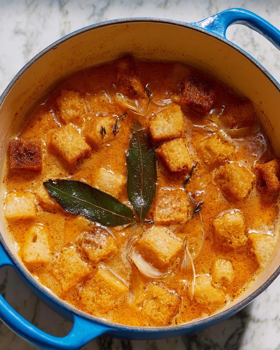 A blue pot filled with a warm orange broth topped with many small golden-brown cube pieces floating in it, mixed with bits of sliced garlic and a single dark bay leaf resting on the surface. The pot has light beige inside and is placed on a white marbled textured surface. The broth has a slightly oily shine and some small bubbles, showing it is hot and cooking photo taken with an iphone --ar 4:5 --v 7