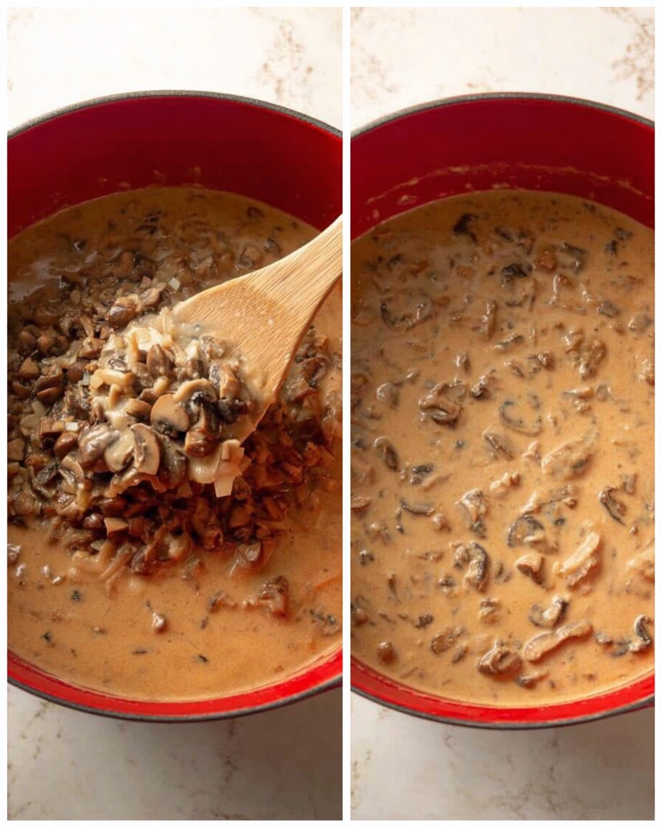 The image shows two side-by-side photos of a creamy mushroom sauce cooking in a red pot. In the first photo, a wooden spoon is lifting a mix of small, chopped mushrooms and diced onions from the sauce, which has a light brown creamy texture. The mushrooms and onions are chunky and sit on top of the sauce. In the second photo, the sauce looks well stirred and smooth, with pieces of mushrooms spread evenly throughout the thick, light brown cream. Both photos have a white marbled surface in the background. Photo taken with an iphone --ar 4:5 --v 7