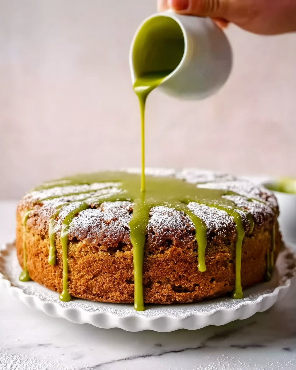 A round cake with a golden brown crumbly top sits on a white scalloped plate. A woman's hand is pouring a thick green sauce slowly over the cake, creating drips running down the sides. The green sauce contrasts with the light dusting of white powdered sugar sprinkled evenly over the cake's surface. The background and surface have a white marbled texture, adding a clean look to the image. Photo taken with an iphone --ar 4:5 --v 7