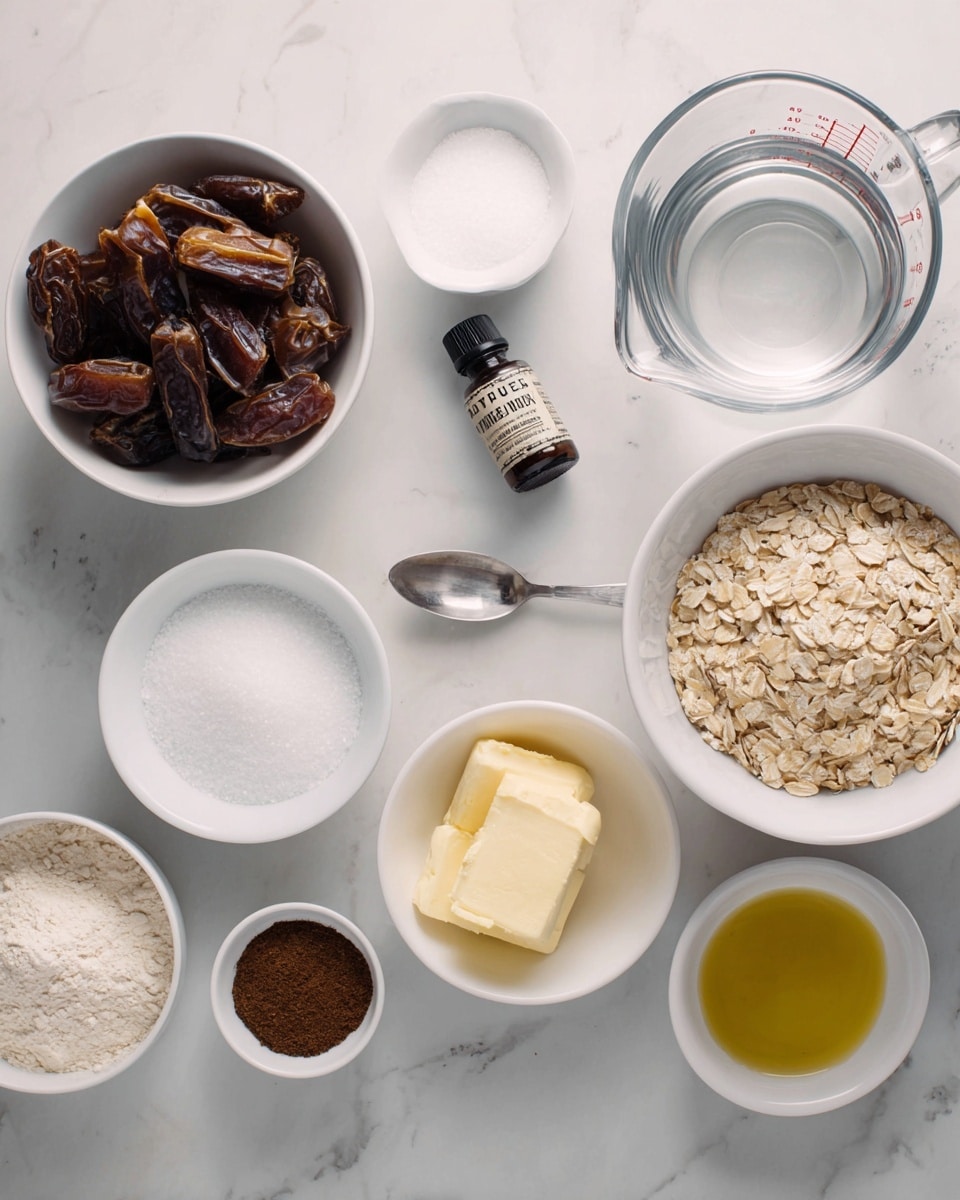 The image shows several white bowls filled with different ingredients on a white marbled surface. Starting from the top left, there is a bowl filled with chopped dates in dark brown color. Next to it, on the right, is a glass measuring cup filled with clear water. To the right of that is a white bowl with light yellow butter. Below the butter, there is a white bowl of beige rolled oats. Below the water measuring cup is a small white bowl filled with white granulated sugar. Next to the sugar, on the left, is a small white bowl with salt. To the left of the salt, there is a white bowl filled with white flour. Below the sugar and salt is a small white bowl with dark brown coconut sugar. To the right and slightly below that is a white bowl with a silver spoon filled with light golden oil. A small dark bottle of organic vanilla extract is placed in the center of the arrangement. The overall setup is neat and clear, showcasing all ingredients separately on the white marbled surface photo taken with an iphone --ar 4:5 --v 7