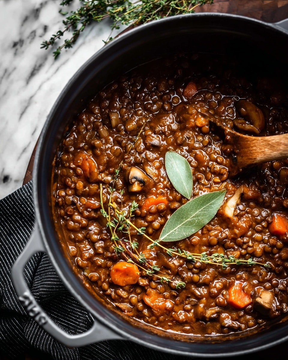 A close-up view of a thick stew in a large black pot with grey handles, resting on a white marbled surface with a dark striped cloth underneath. The stew has a rich brown sauce filled with visible layers of small round lentils, sliced carrots in bright orange, and chunks of mushrooms in light brown. On top, two fresh green thyme sprigs and a bay leaf lay as garnish. A wooden spoon with a brown handle partially dips into the stew on the right side of the pot. Photo taken with an iphone --ar 4:5 --v 7