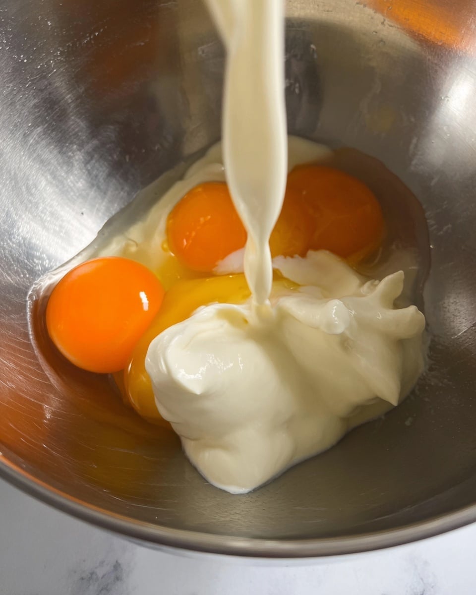 A close-up image showing a silver mixing bowl with two raw eggs inside, one whole with a bright orange yolk, and one broken with its orange yolk and clear white combining. A creamy white liquid, possibly milk or cream, is being poured into the bowl from above, creating a smooth flow that lands among the eggs and a dollop of thick white cream or mayonnaise. The texture of the liquids contrasts with the shiny metal of the bowl, all set on a white marbled surface photo taken with an iphone --ar 4:5 --v 7