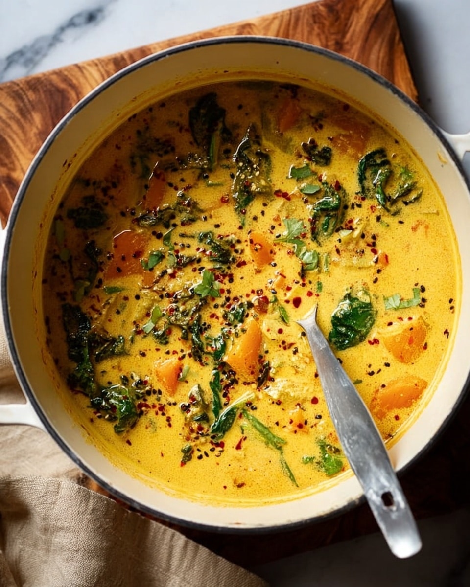 A top view of a white pot filled with a creamy yellow curry with pieces of orange veggies and green leafy herbs floating on top, along with small black seeds and red chili flakes sprinkled throughout. A silver spoon stands inside the pot on the right side. The pot is placed on a wooden board with a tan cloth peeking from the left side and the background is a white marbled texture. The curry looks thick and rich with a mix of smooth and chunky textures visible. photo taken with an iphone --ar 4:5 --v 7