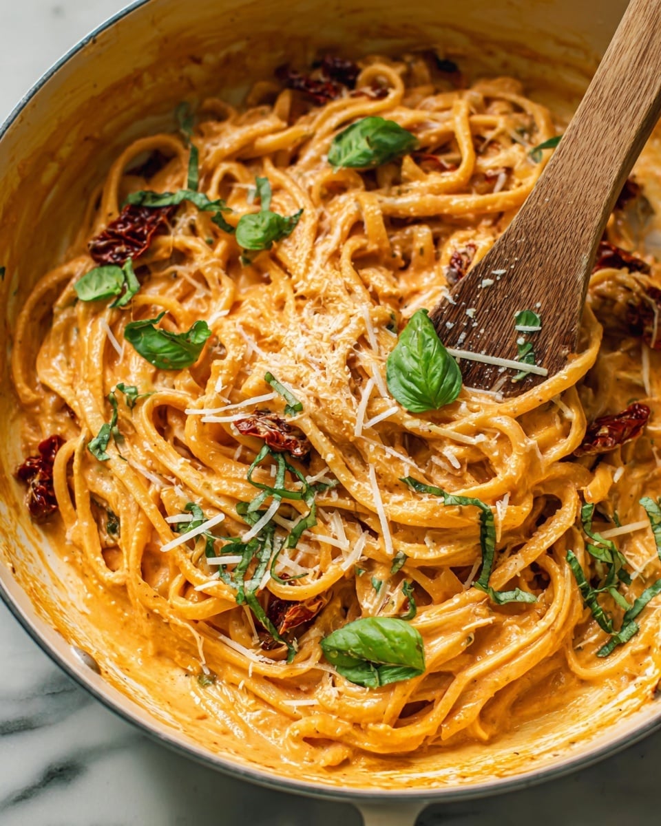 The image shows a close-up of cooked pasta noodles in a white pan with a creamy orange sauce covering the noodles. Sun-dried tomato pieces and fresh green basil leaves are scattered on top of the pasta, adding depth of color. Thin strips of grated cheese and small green herb pieces are sprinkled across the dish. A wooden slotted spoon is partially inside the pan, mixing the pasta on a white marbled surface. The sauce looks smooth and thick, clinging well to the noodles. Photo taken with an iphone --ar 4:5 --v 7