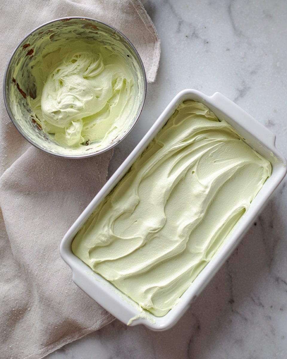 The image shows a white rectangular baking dish filled with a thick layer of smooth, pale green cream that has soft swirls on the surface. To the left of the dish, there is a metallic bowl holding more of the same pale green cream with a creamy, whipped texture and some traces on the sides. The dish and bowl are placed on a white marbled surface with a light beige cloth nearby. The overall look is light and soft with pastel green and neutral white tones. photo taken with an iphone --ar 4:5 --v 7