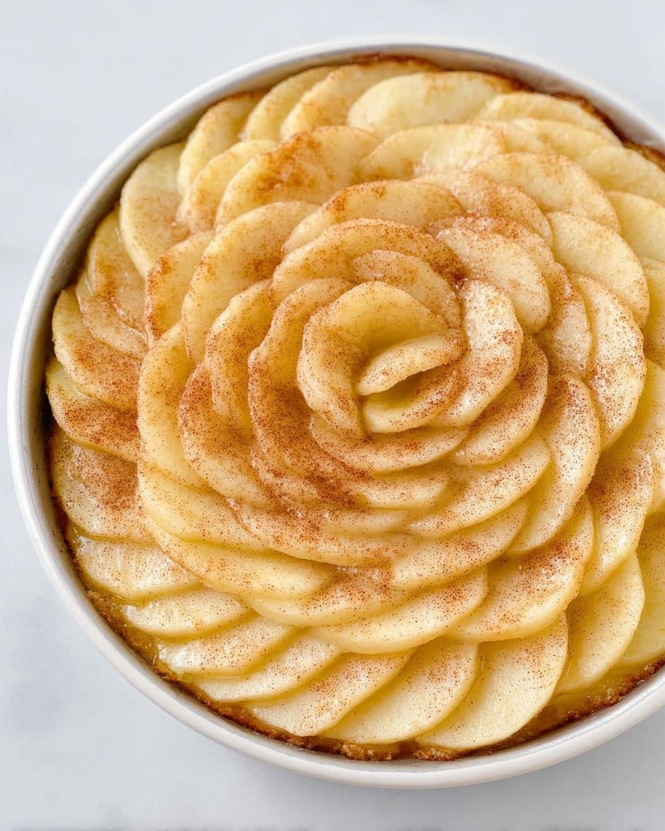 A round white pan holds a layered dish made of thin apple slices arranged like flower petals in concentric circles. The slices are pale yellow and have a light dusting of brown sugar or cinnamon on top, giving a slight texture and golden look. The apple layers start from the outer edge and spiral inward, building up a neat, raised center. The pan sits on a white marbled surface. photo taken with an iphone --ar 4:5 --v 7