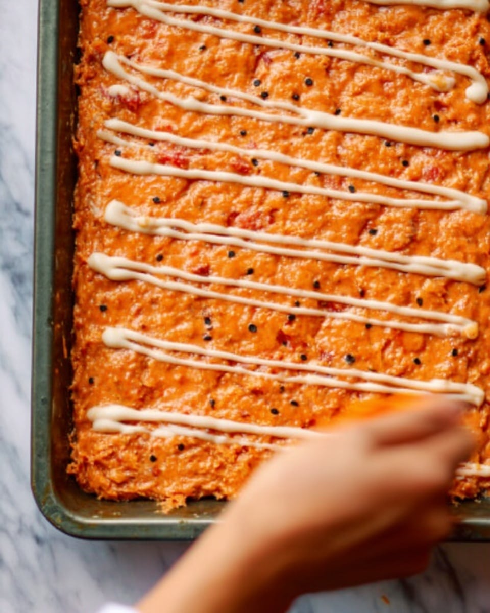 The image shows a large rectangular dish filled with a baked mixture that looks creamy and textured, mostly orange with red and small black specks throughout. On top, there are thin, even white sauce lines drizzled diagonally across the entire surface. In the lower part of the image, a woman's hand is slightly blurred as if in motion, smoothing or touching the mixture. The dish is placed on a white marbled surface. photo taken with an iphone --ar 4:5 --v 7