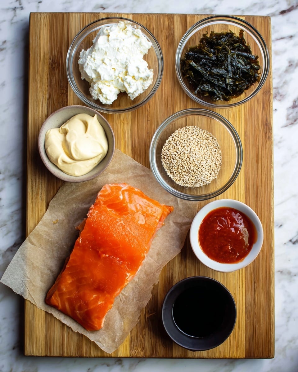 The image shows a wooden cutting board with six small glass bowls arranged around a piece of bright orange salmon fillet on a piece of parchment paper. At the top left is a bowl with white cream cheese, to its right a bowl filled with dark green seaweed and white sesame seeds. Below the cream cheese is a bowl of pale yellow mayonnaise. On the right side, there is a small white bowl with dark soy sauce above a black bowl filled with bright red sauce. The background is a white marbled surface. Photo taken with an iphone --ar 4:5 --v 7