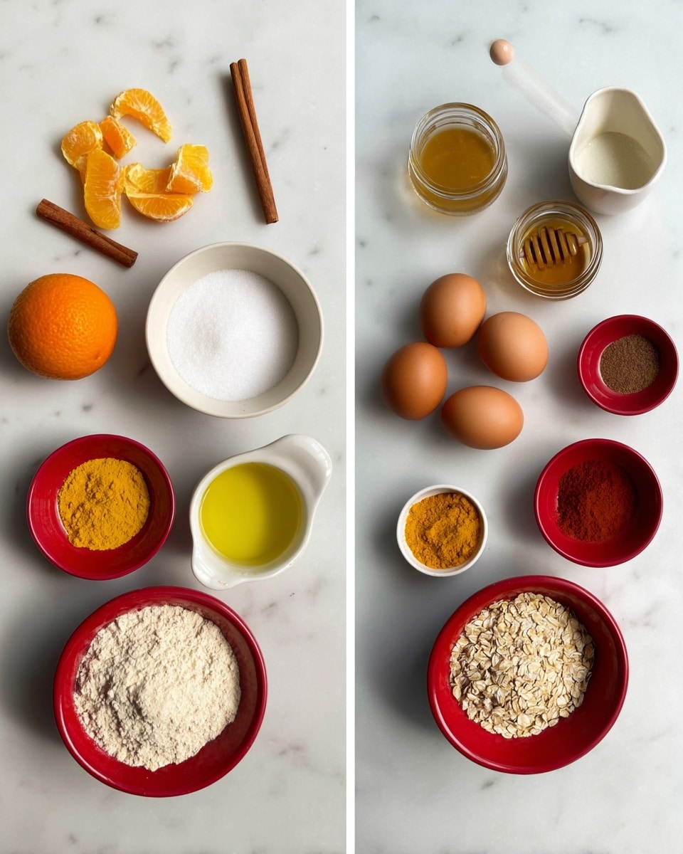 The image shows two separate groups of ingredients placed on a white marbled surface. On the left side, there is a small pile of orange peel, a cinnamon stick, a small amount of yellow zest, a white bowl filled with white granulated sugar inside a red bowl, a small glass jar of honey with a wooden dipper, and a small white cup containing a light golden liquid. On the right side, there are six brown eggs arranged in a cluster, a white measuring cup filled with oats or grains, a larger white bowl filled with a light beige flour inside a red bowl, a small white bowl with yellow spice powder, a small white bowl filled with a dark brown powder, a red bowl with bright orange powder, a white bowl of granulated sugar inside a red bowl, and a small glass cup holding olive oil. The items are neatly spaced and clearly visible. Photo taken with an iphone --ar 4:5 --v 7