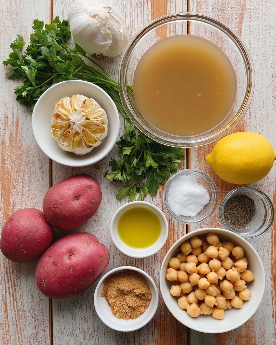 The image shows a top view of ingredients arranged neatly on a wood surface with a white marbled texture. There are two red potatoes on the left side, above a small white bowl holding a head of roasted garlic with golden soft cloves visible. In the center is a glass bowl filled with a light brown broth, surrounded by a small white bowl with light brown powder, a sprig of fresh green parsley, a small glass bowl of coarse salt, and a small glass jar filled with dark ground spice. Towards the bottom right corner, there is a tan bowl full of pale yellow chickpeas, a whole yellow lemon, a small white bowl of light brown fried onions, and a small white bowl with golden olive oil. Photo taken with an iphone --ar 4:5 --v 7