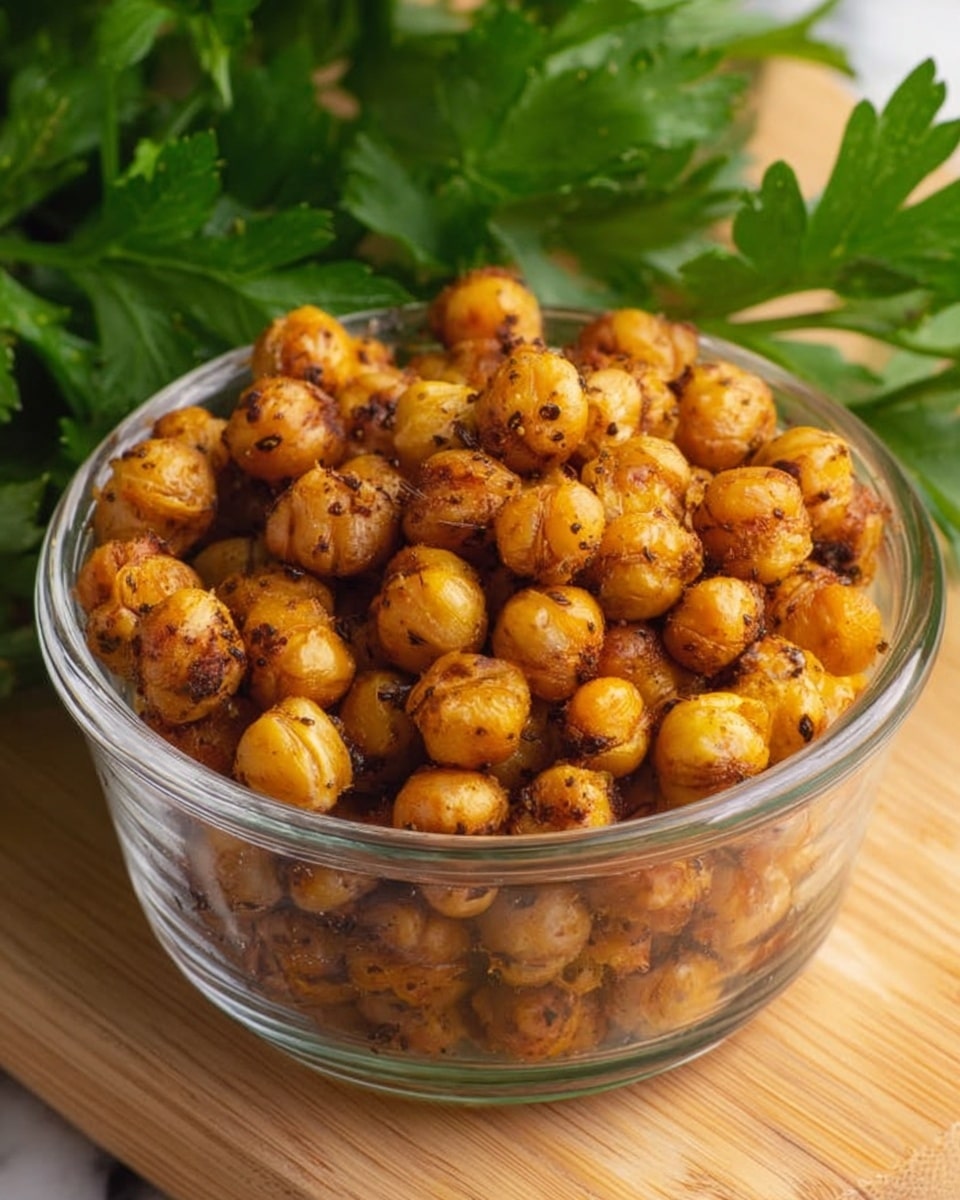 The image shows a clear round glass bowl filled with roasted chickpeas that are golden brown with a slightly crispy texture and specks of black seasoning visible on their surface. The bowl sits on a light wooden surface with fresh green parsley leaves placed behind it, adding a fresh contrast to the warm colors of the chickpeas. The background and surface appear as a white marbled texture. photo taken with an iphone --ar 4:5 --v 7