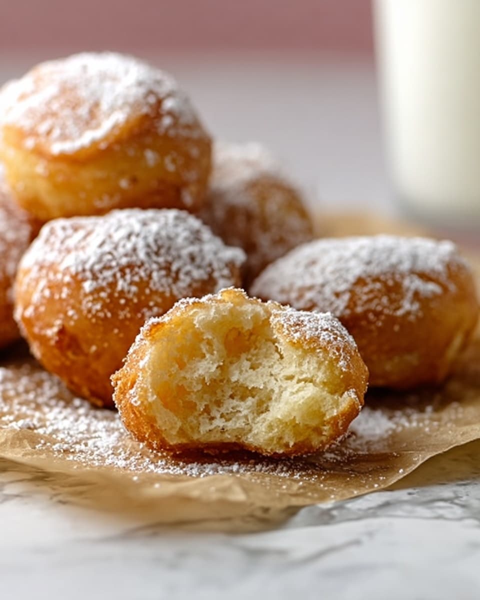 The image shows round, golden-brown fried dough balls with a light dusting of white powdered sugar on top, placed on brown parchment paper over a white marbled surface. One of the dough balls is bitten, revealing a soft, fluffy inside with a light, airy texture. The background is softly blurred, with a glass of milk faintly visible. The dough balls look crispy on the outside with a tender inside, showing slight cracks where they were bitten. photo taken with an iphone --ar 4:5 --v 7