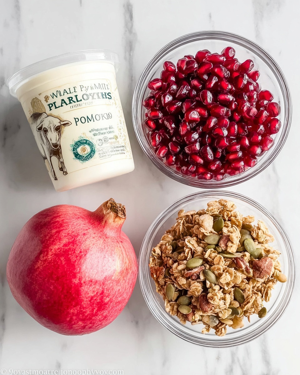 The image shows four main items arranged on a white marbled surface: a whole pomegranate with a red, slightly rough outer skin, a small container of plain whole milk yogurt with a cream-colored label featuring green and black text and a cow illustration, a clear glass bowl filled with shiny dark red pomegranate seeds, and another clear glass bowl filled with light brown granola mixed with seeds and nuts. All items are spaced evenly and appear fresh and ready to use. Photo taken with an iphone --ar 4:5 --v 7