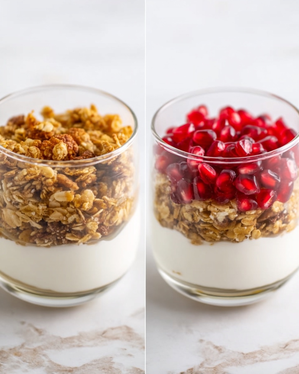 The image shows two clear glass cups placed on a white marbled surface. Each cup has three visible layers: the bottom layer is white and smooth like yogurt, the middle layer is golden-brown with a rough texture made of granola, and the top layer differs between the two cups. The first cup has no top layer visible, showing just the granola, while the second cup is topped with bright red pomegranate seeds, adding a shiny, juicy texture. The overall look is fresh and healthy. photo taken with an iphone --ar 4:5 --v 7