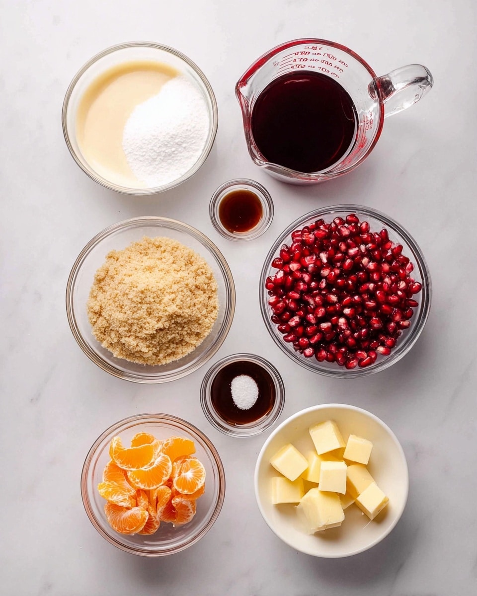 The image shows eight clear glass bowls and one clear glass measuring cup arranged on a white marbled surface. The top row has three bowls: one with cream-colored liquid on the left, one with fine white granulated sugar in the center, and a measuring cup filled with dark red liquid on the right. The middle row has a bowl filled with light brown crumbly sugar on the left and a white bowl full of shiny, red pomegranate seeds on the right. The bottom row features a small bowl with orange peels on the left, a tiny bowl of white powder (likely salt) next to a tiny bowl with dark brown vanilla extract in the middle, and a bowl filled with small cubes of yellow butter on the right. photo taken with an iphone --ar 4:5 --v 7