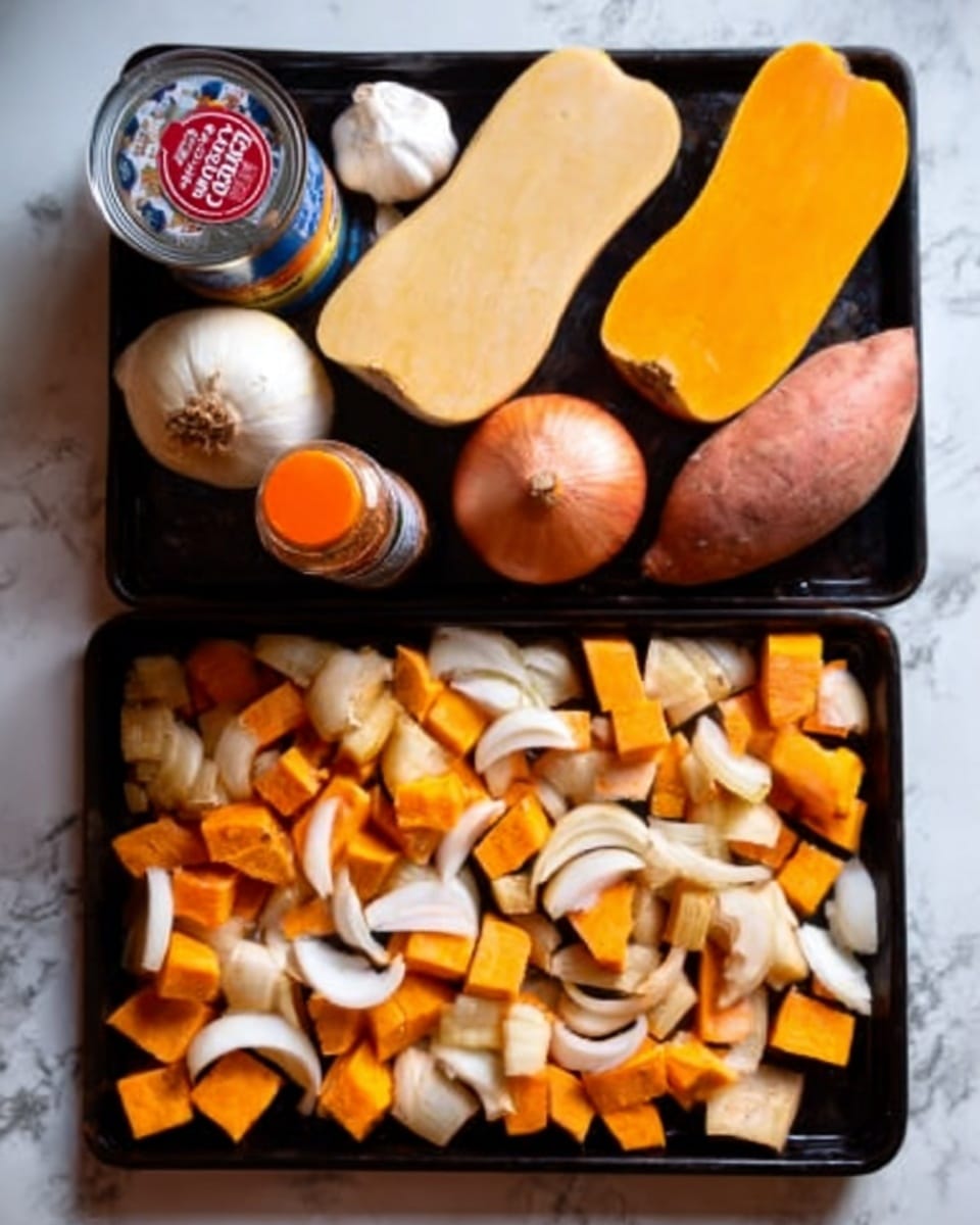 The image shows two black baking trays on a white marbled surface. The tray on the left holds whole ingredients including a garlic bulb, a yellow onion, a cream-colored butternut squash, two orange sweet potatoes, a silver can with a red label, and a small spice bottle with an orange cap. The tray on the right is filled with sliced ingredients arranged evenly: orange sweet potatoes, cream-colored butternut squash pieces, and white onion slices scattered on top. The colors are warm and earthy, featuring shades of orange, cream, and white with slight brown edges on some slices. Photo taken with an iphone --ar 4:5 --v 7