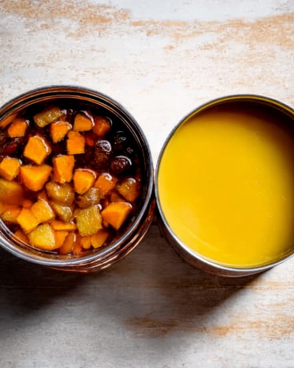 Two metal pots are placed side by side on a white marbled surface. The pot on the left contains three layers: a bottom layer of dark brown liquid with soft chunks, a middle layer of orange cubes, and a top layer of light brown pieces, giving a rich, hearty look. The pot on the right holds a smooth, bright yellow liquid with a creamy texture, filling the pot evenly. Both pots show shiny metal surfaces reflecting light softly. Photo taken with an iphone --ar 4:5 --v 7