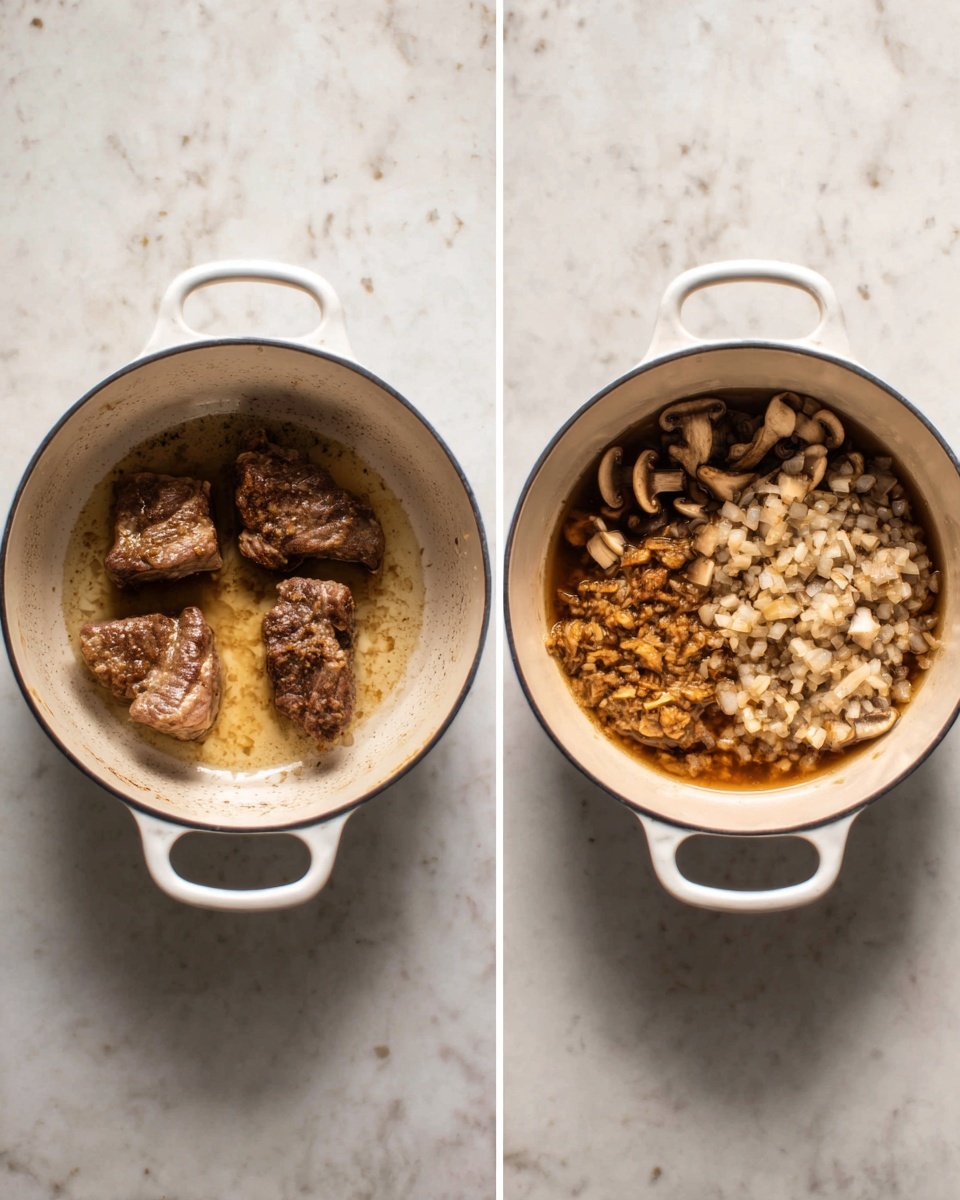 Three small browned pieces of meat sit in a white pot with light brown juices covering the bottom. In the next image, the same white pot contains finely chopped onions, small pieces of mushrooms, and the browned meat below, all mixed together. The pot is on a surface with white marbled texture. Photo taken with an iphone --ar 4:5 --v 7