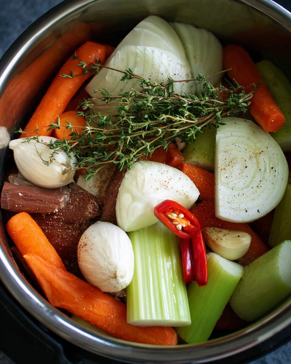 Inside a silver pot, layers of fresh vegetables and herbs create a rich, colorful mix. The bottom layer shows dark brown meat partially hidden under bright orange carrot sticks and light green celery pieces. On top, thick slices of white onion curve around the edges with specks of black pepper. Whole heads of garlic with smooth white skin sit near the center, with one cut face showing the cloves inside. Bright red chili pepper rounds add sharp color spots among the vegetables. A sprig of fresh green thyme lays across the middle, adding a gentle natural touch. The overall look is fresh and ready for cooking. photo taken with an iphone --ar 4:5 --v 7