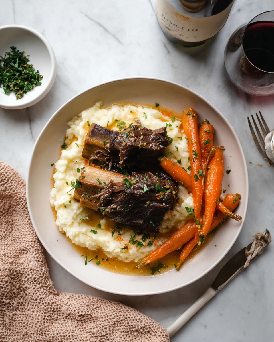 A white bowl filled with a base layer of smooth, creamy mashed potatoes that have a fluffy texture and slightly uneven surface. On top, there are two dark brown, tender beef short ribs with visible strands showing the meat texture, positioned diagonally. Around the ribs, there are bright orange whole cooked carrots with a slightly glossy finish and soft texture. The dish is garnished with finely chopped green herbs sprinkled evenly over the meat and carrots. The bowl rests on a white marbled surface, accompanied by a small white dish with more chopped herbs to the top left and a wine bottle and glass to the top right. A fork with a white handle lies to the bottom left, near a tan textured cloth. Photo taken with an iphone --ar 4:5 --v 7