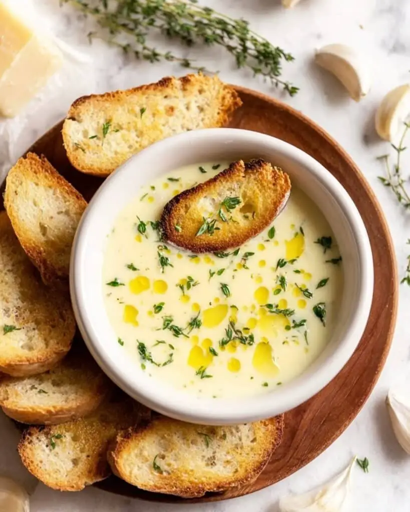 French Garlic Soup with Cheesy Crostinis Recipe