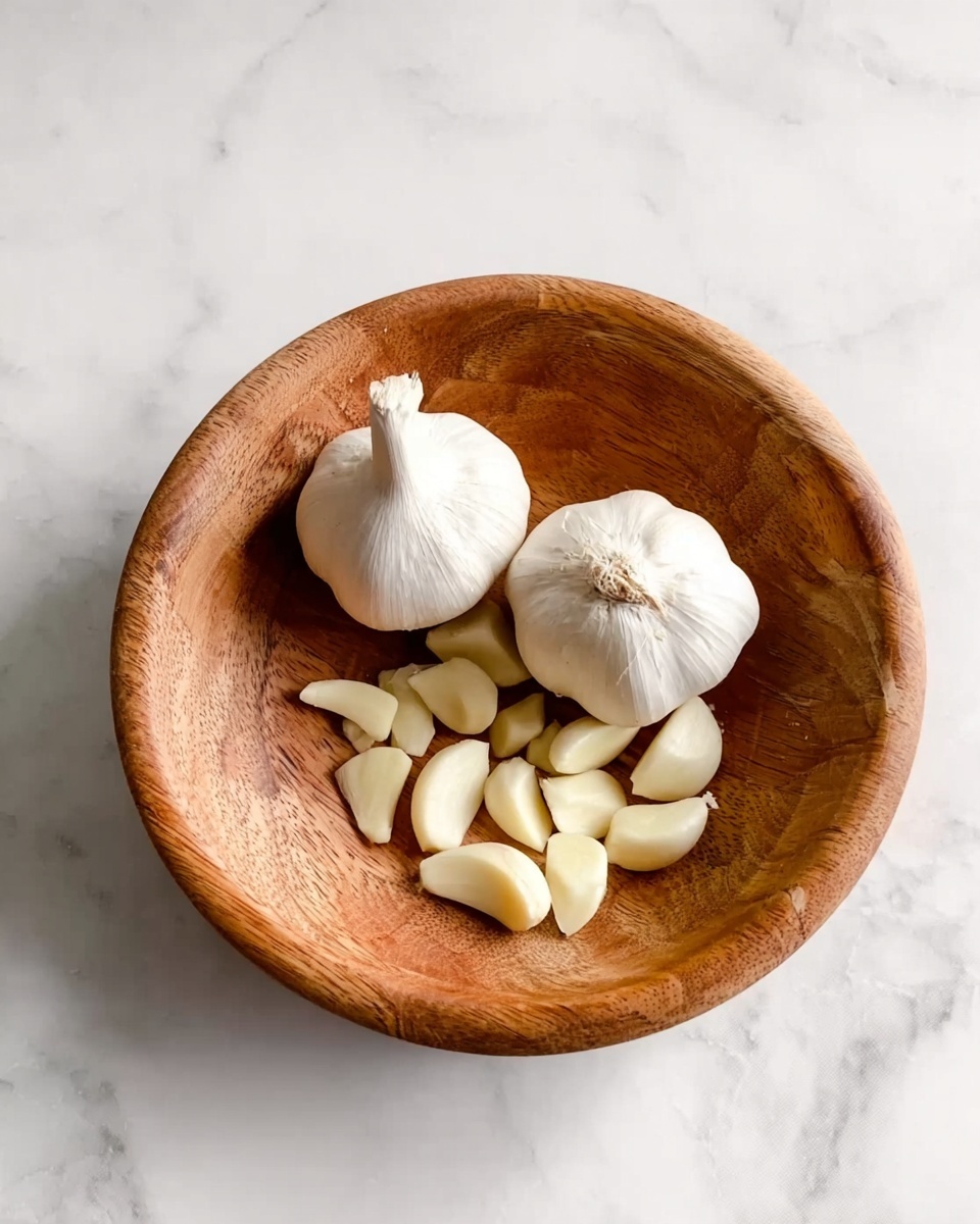 A wooden bowl sits on a white marbled surface, holding two whole garlic bulbs and several peeled garlic cloves. The bowl has a smooth texture with natural wood grain patterns visible. The garlic bulbs are white and round with a slightly rough skin, while the peeled cloves are smoother, small, and pale yellow, scattered loosely in the bowl. Photo taken with an iphone --ar 4:5 --v 7