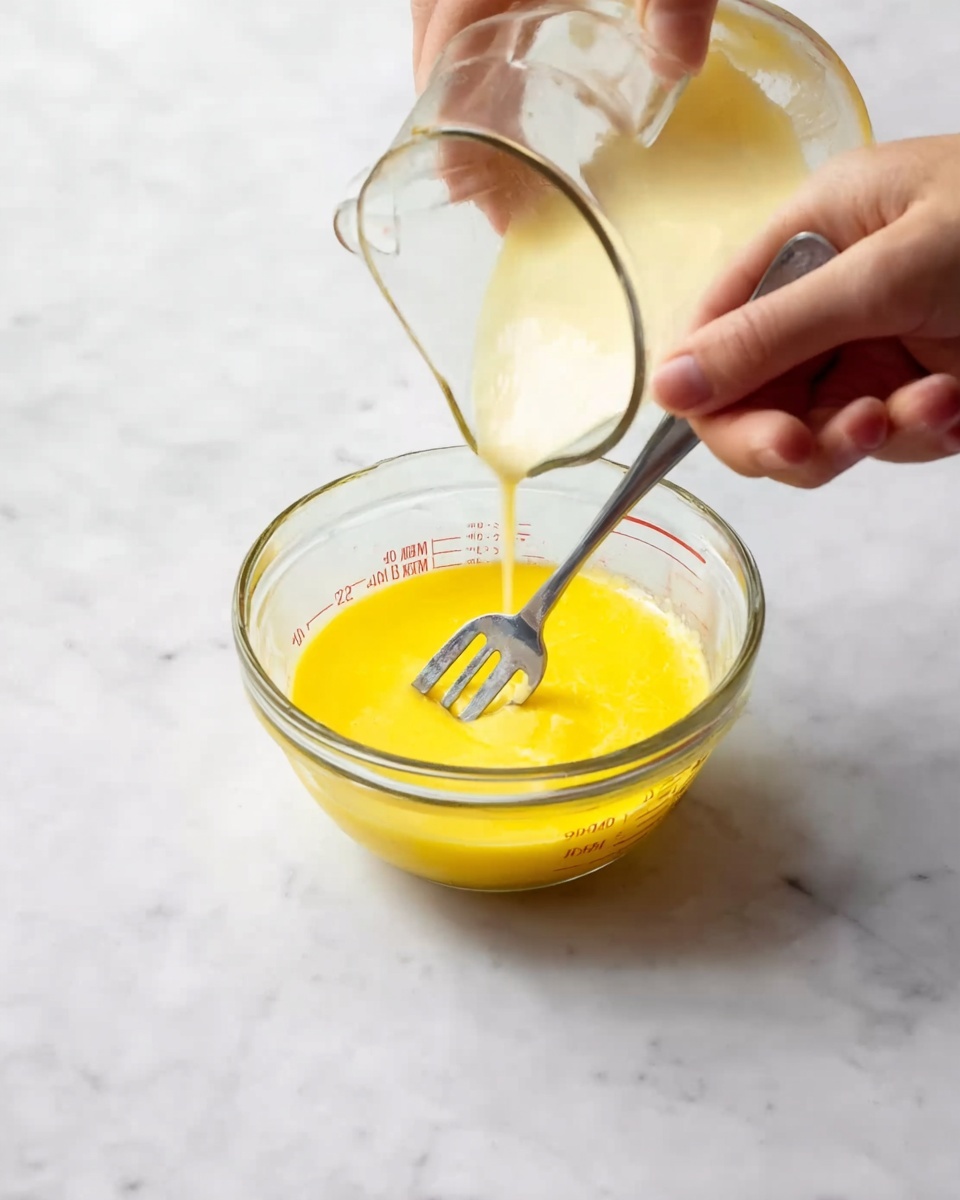 A clear glass measuring cup sits on a white marbled surface, filled about halfway with a smooth, bright yellow liquid. A woman's hand is holding a small fork inside the cup, gently stirring the yellow mixture, while a second clear glass measuring cup is tilted above, pouring a pale, creamy liquid into the yellow mixture below. The scene captures the mixing process clearly with soft natural lighting, showing the glossy texture of the liquids in contrast with the white marbled background. photo taken with an iphone --ar 4:5 --v 7