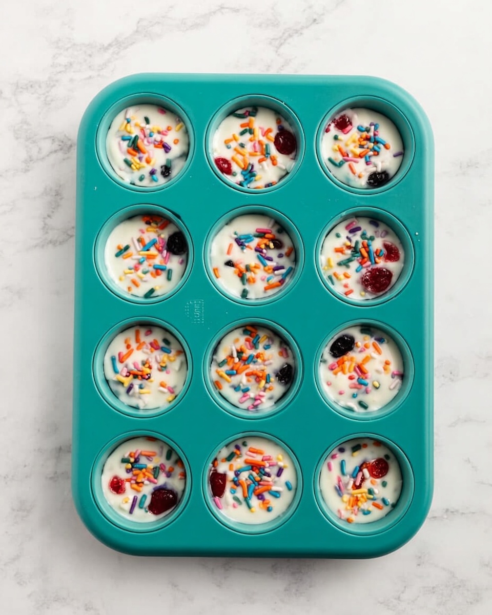 A teal silicone muffin tray with nine round cups is filled with a white creamy mixture. Each cup shows colorful sprinkles and small pieces of red and black fruit mixed on top, creating a festive look with colors like orange, yellow, purple, and blue scattered unevenly. The tray is placed on a white marbled surface, giving it a clean and simple background. The texture of the creamy mixture is smooth with tiny bits of fruit peeking through. Photo taken with an iphone --ar 4:5 --v 7