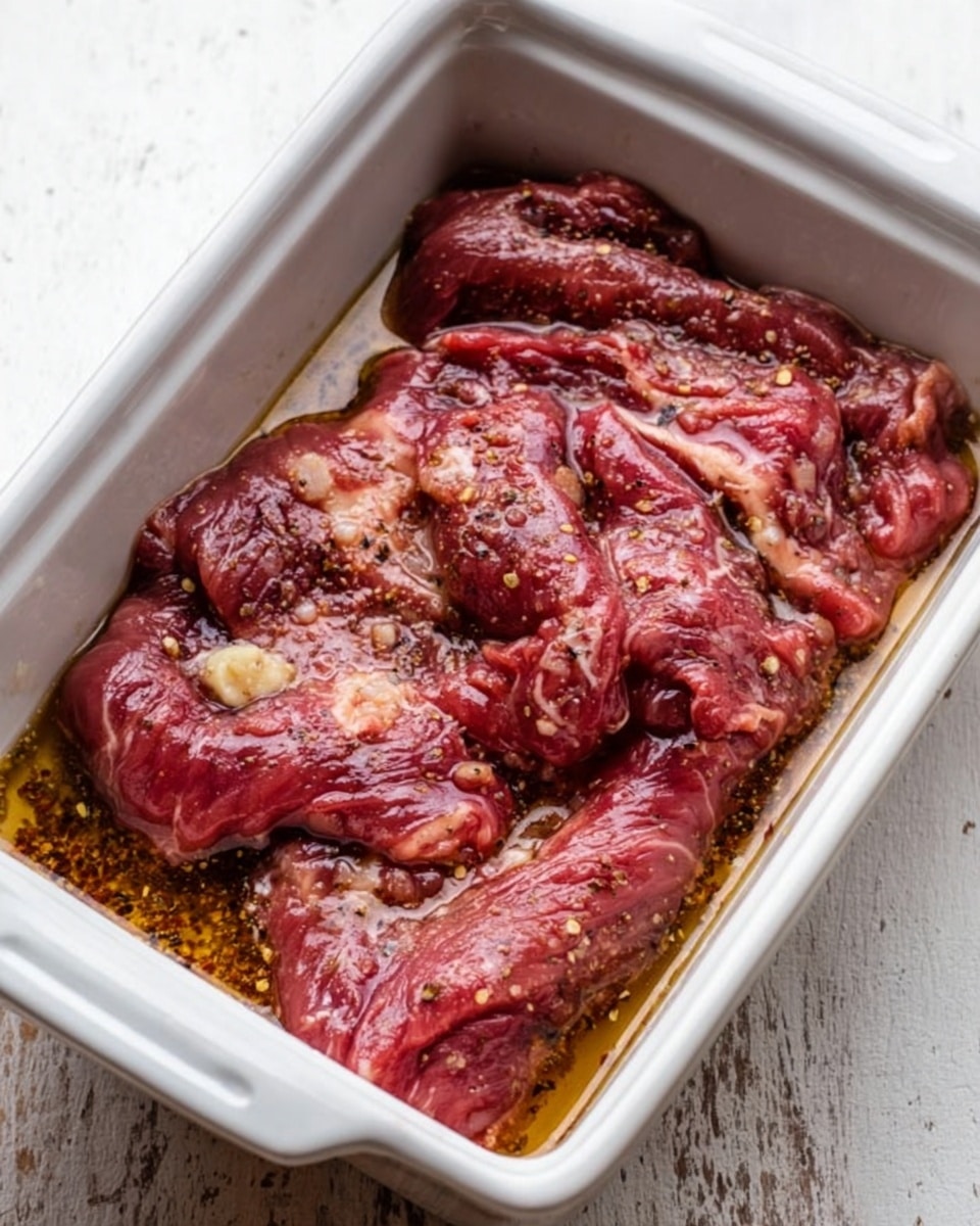 The image shows a white rectangular ceramic dish filled with several pieces of raw meat marinated in an oily liquid with visible black pepper and minced garlic. The meat is deep red with some pale fat areas, lying flat on the bottom of the dish, slightly folded and overlapping in places. The texture of the meat appears soft and wet from the marinade, and the dish sits on a white marbled surface. Photo taken with an iphone --ar 4:5 --v 7