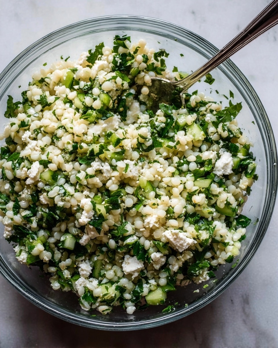 The image shows a clear glass bowl filled with a mixed salad that has three main layers visible: small pearl-like white grains, bright green chopped herbs, and small white cheese chunks scattered evenly throughout. The grains have a soft, bumpy texture, while the herbs add a fresh leafy look, with light and dark green shades. The cheese pieces are small and crumbly, contrasting well with the greens and grains. A metal spoon rests inside the bowl, partially covered by the salad. The bowl sits on a white marbled surface. Photo taken with an iphone --ar 4:5 --v 7