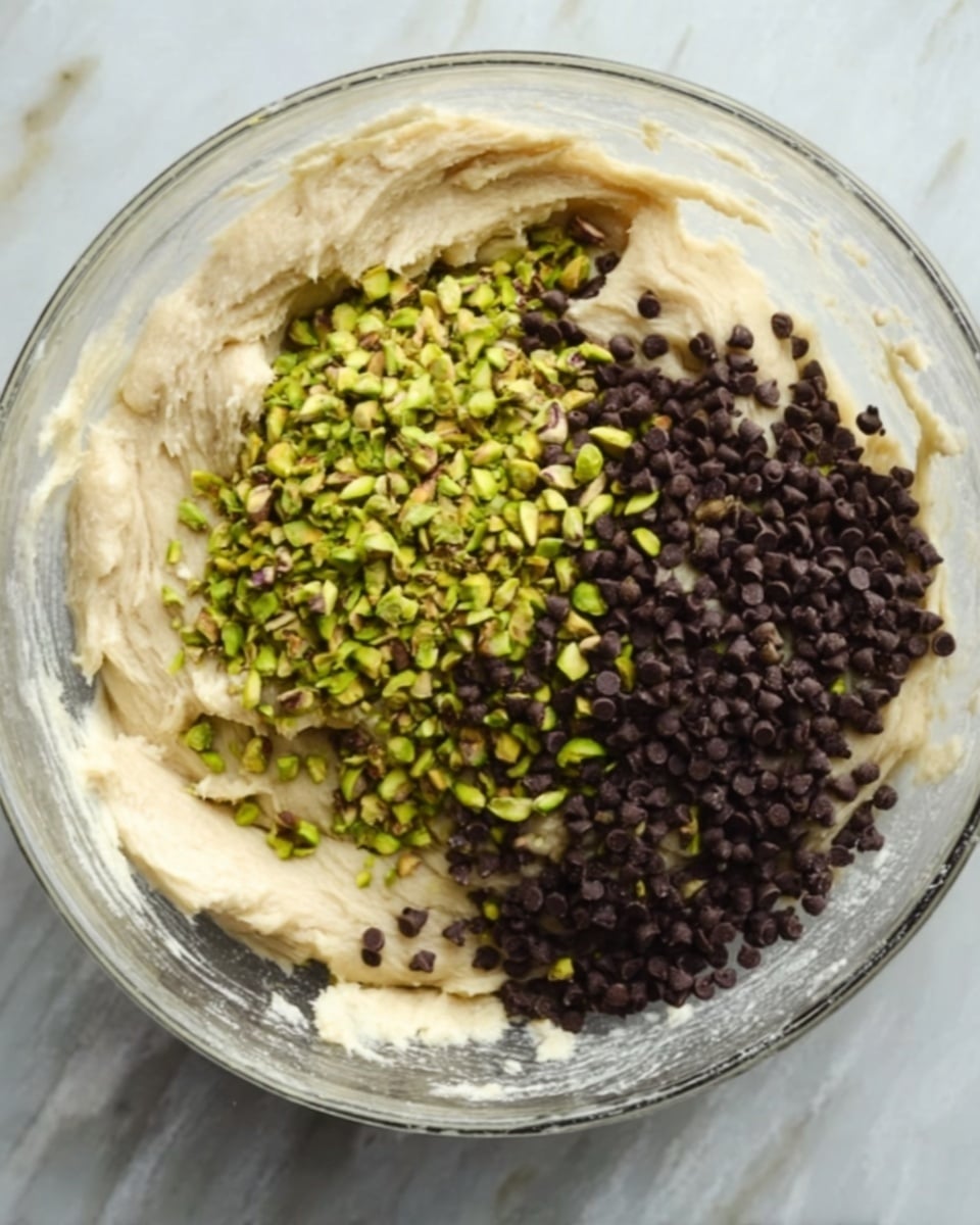 A clear glass bowl sits on a white marbled surface filled with thick, light beige dough. On one side of the dough is a pile of small dark brown chocolate chips, and on the other side is a heap of chopped green pistachios with golden yellow pieces mixed in. The textures are smooth for the dough, slightly rough for the pistachios, and small and round for the chocolate chips. photo taken with an iphone --ar 4:5 --v 7
