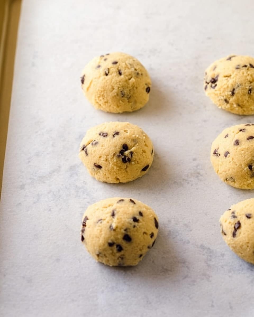 The image shows five small mounds of light golden dough with chocolate chips mixed inside, placed evenly on a sheet of parchment paper. Each dough mound is slightly rounded and textured, with spots of melted chocolate visible. The background is a white marbled surface that softly contrasts with the light color of the dough and parchment paper. photo taken with an iphone --ar 4:5 --v 7