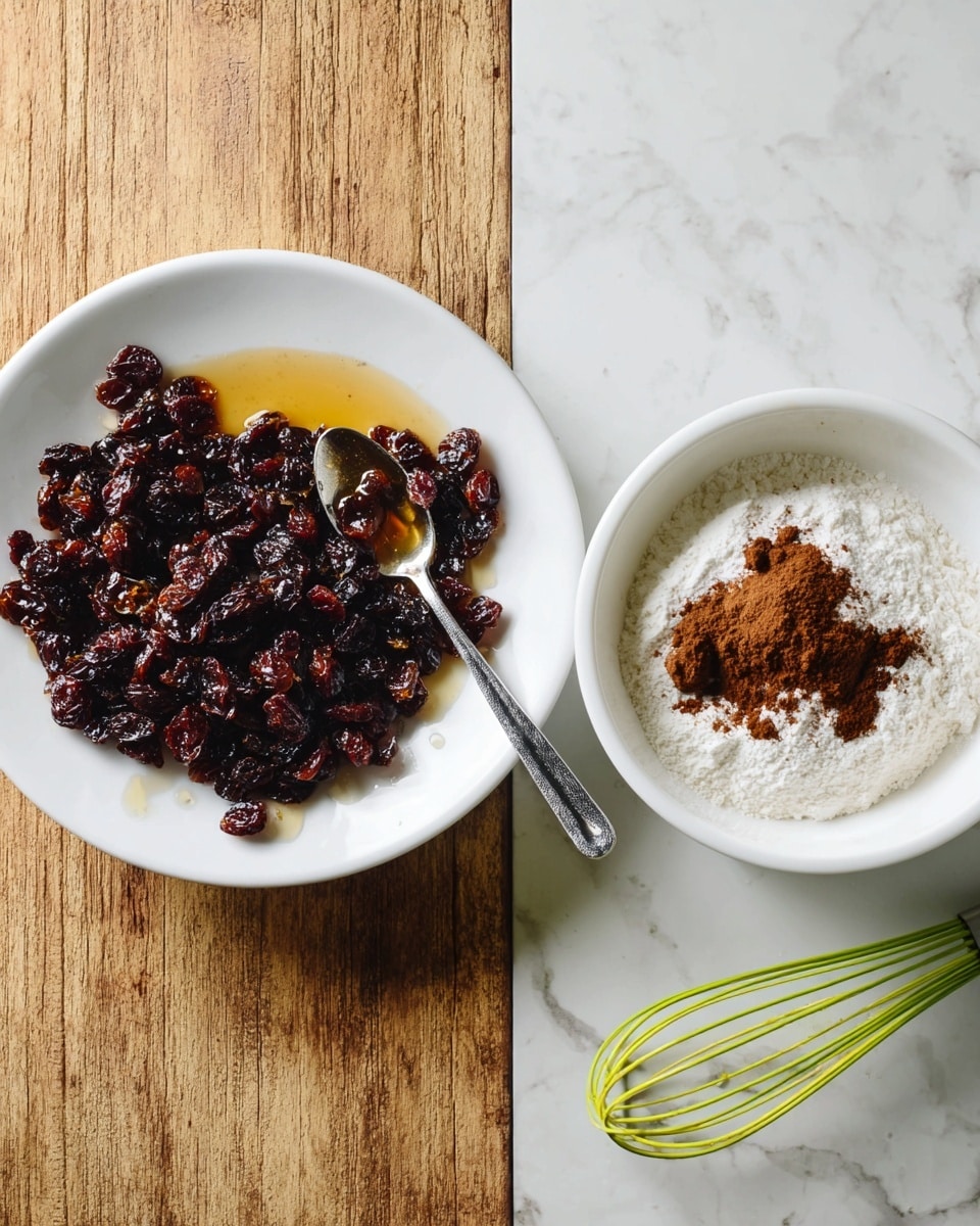 The image on the left shows a white plate filled with dark reddish dried cranberries or raisins, with a silver spoon in the center covered with honey or syrup dripping over the fruit. On the right, there is a white bowl with white flour and two piles of brown spices on top, placed on a white marbled surface with a green and yellow whisk lying next to it. photo taken with an iphone --ar 4:5 --v 7