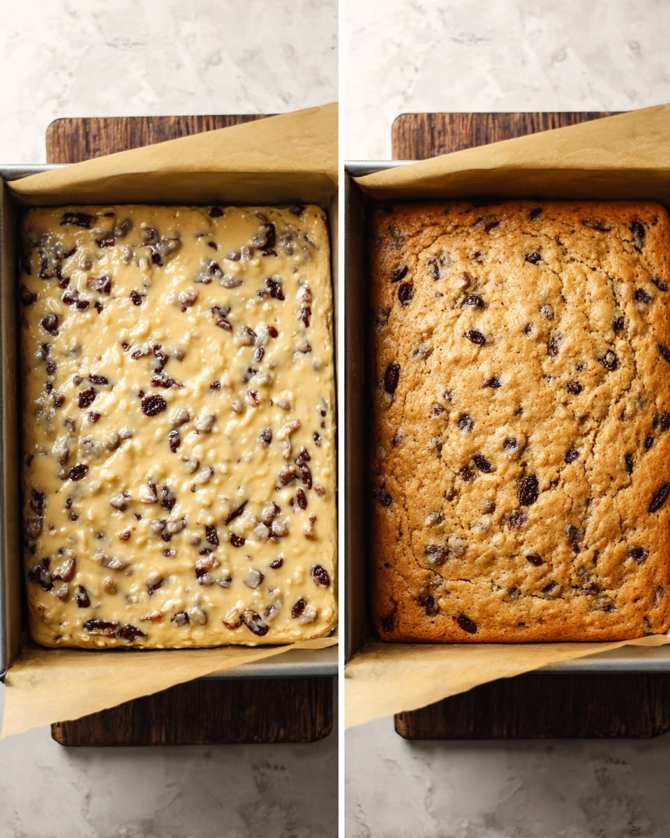 The image shows two side-by-side views of a square baking pan lined with parchment paper on a white marbled surface. The left side displays an uncooked batter filled with dark brown and light-colored bits spread evenly in the pan, with a thick, creamy texture and some lumps. The right side shows the same pan with the batter now baked into a golden-brown, firm, and slightly bumpy cake dotted with the same dark bits throughout. The parchment paper edges are neatly folded around the pan. photo taken with an iphone --ar 4:5 --v 7