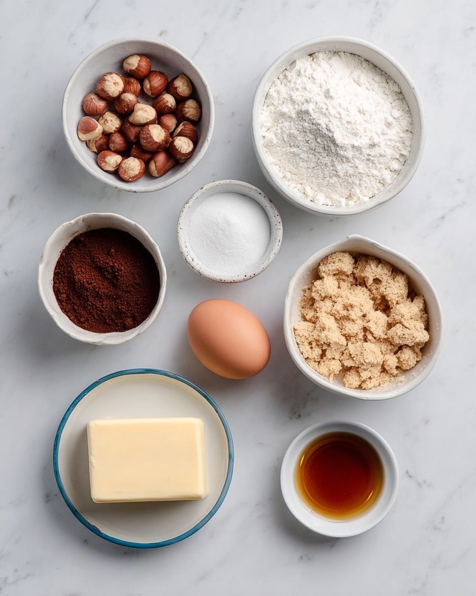 The image shows seven small white bowls and a white plate with baking ingredients arranged on a white marbled surface. From top left to right, the first bowl is filled with light brown hazelnuts, the second bowl contains white flour. Below these, a smaller bowl has dark brown cocoa powder in the center, with a white bowl of white sugar to its left and a white bowl of light brown graham cracker crumbs to its right. Below these, there is a light brown egg placed in the center on the surface. At the bottom left, a rectangular block of pale yellow butter sits on a white plate with a blue rim. To the right of the butter, there is a small white bowl with a small amount of amber-colored vanilla extract. The photo taken with an iphone --ar 4:5 --v 7
