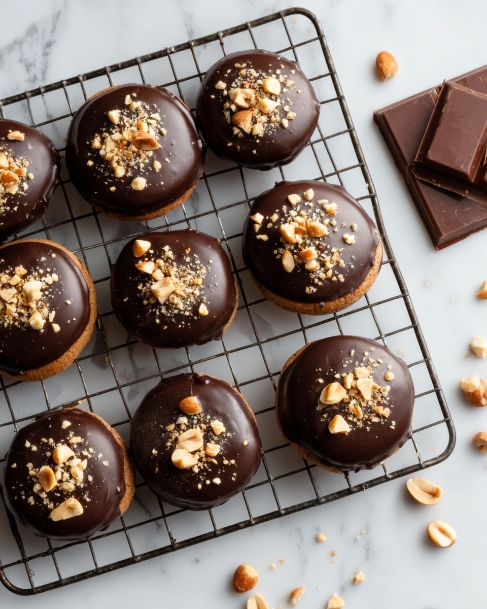The image shows a black cooling rack on top of a white marbled surface, holding nine round chocolate-covered cookies. Each cookie has a smooth, shiny dark brown chocolate layer, topped with small pieces of light brown crushed nuts. There are a few whole and broken nuts scattered on the white marbled surface near the rack. In the top right corner, there are two square pieces of dark chocolate placed at an angle. The overall look is neat and appetizing, with a soft shine on the chocolate coating photo taken with an iphone --ar 4:5 --v 7