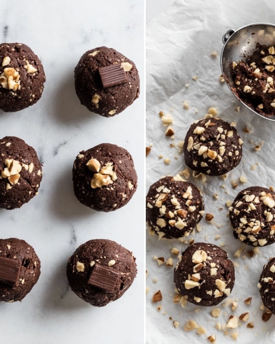 The image shows two sets of dark brown chocolate cookie dough balls placed on a white marbled surface. On the left side, there are six dough balls arranged in two rows of three, four of which have small chopped nuts on top, while two are plain. Two of the nut-topped dough balls also have a small rectangle of chocolate placed on top. On the right side, the dough balls are in one layer on white parchment paper with a metal cookie scoop nearby; some dough balls have chopped nuts sprinkled on them. The texture looks rough and chunky, showing small pieces of nuts mixed in with the dark brown chocolate dough. photo taken with an iphone --ar 4:5 --v 7