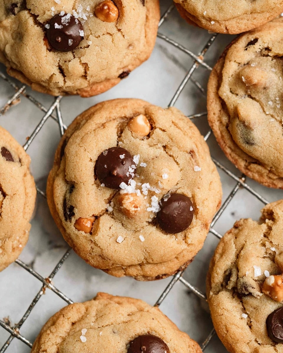 A close-up view of several round cookies resting on a silver wire cooling rack placed on a white marbled surface. Each cookie is golden brown in color with a slightly textured surface and contains two large, dark brown chocolate chips on top, some sprinkled with small flakes of white sea salt. The cookies have a soft, slightly uneven edge with some visible light brown nuts or chunks inside. The image is warmly lit, showing a cozy homemade feel. photo taken with an iphone --ar 4:5 --v 7