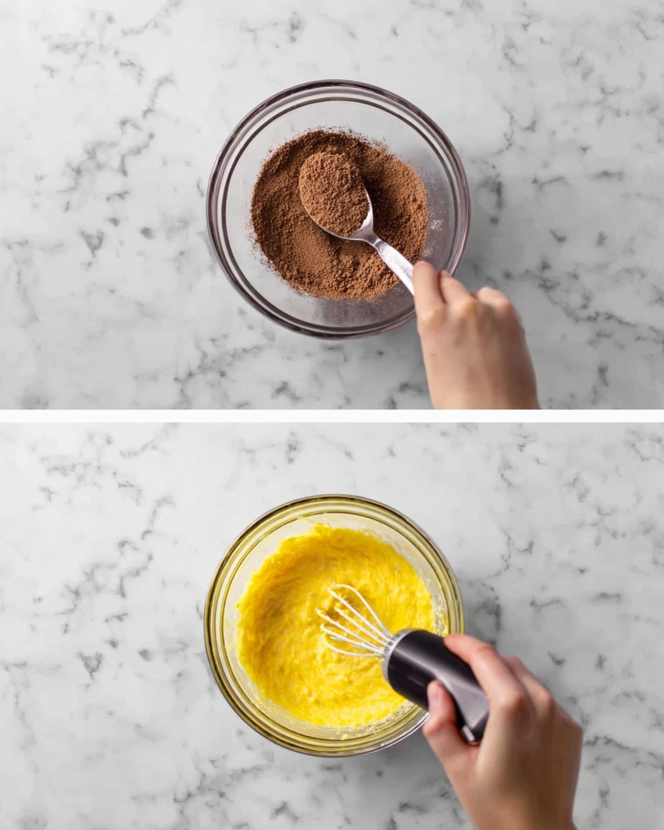 The first image shows a woman’s hand holding a glass bowl with dark brown powdery ingredients being mixed by a spoon. The bowl is placed on a white marbled surface. The second image shows a woman’s hand holding a glass bowl filled with a bright yellow creamy mixture being whipped with an electric hand mixer, also on a white marbled surface. photo taken with an iphone --ar 4:5 --v 7