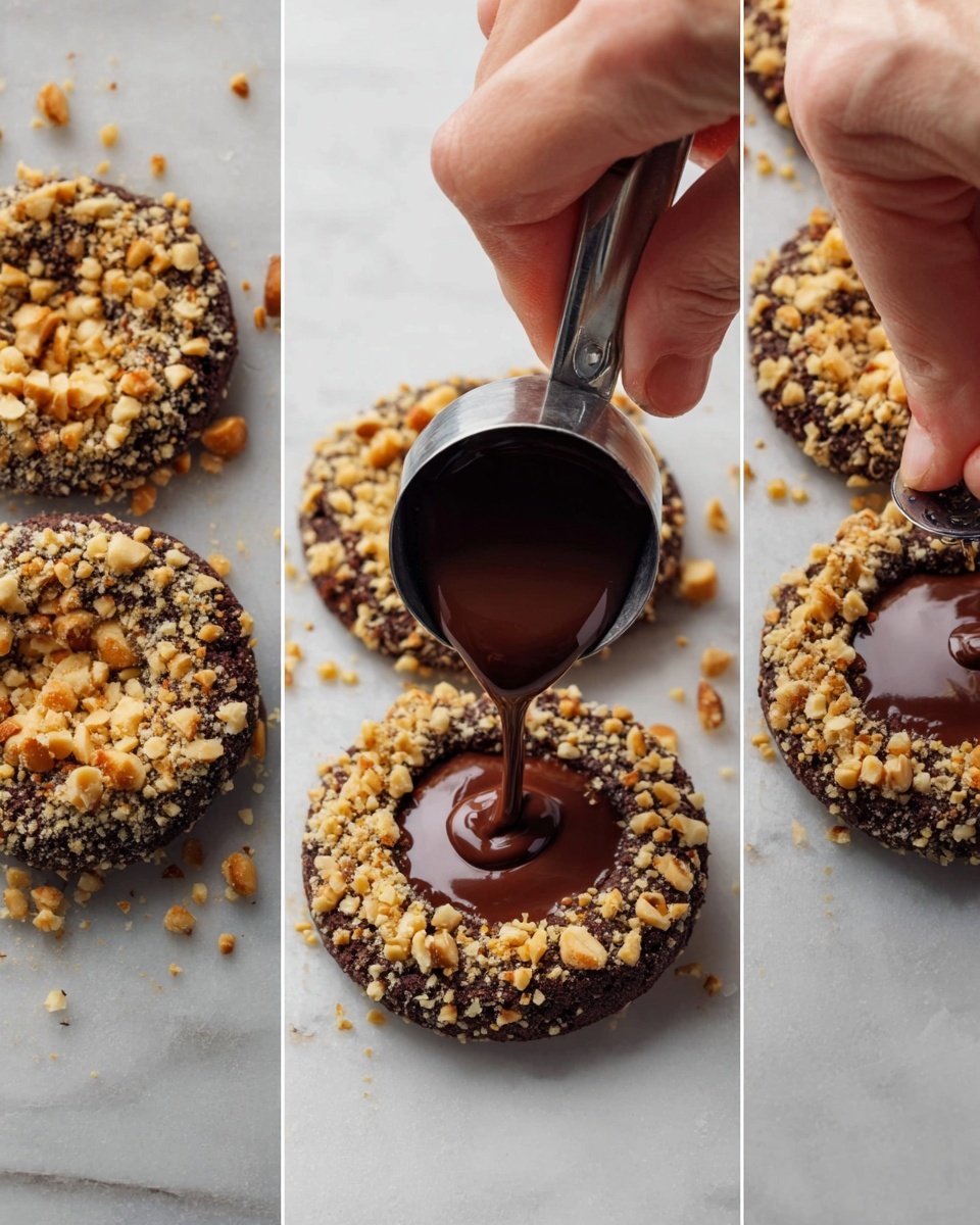 The image shows three close-up steps of making a chocolate peanut cookie on a white marbled surface. The first step features a woman's hand pressing a small metal scoop into a round cookie base that is dark brown with crunchy crushed peanuts scattered on top. The second step has a woman's hand holding a small round metal cutter pressing into the cookie base with crushed peanuts around the edges, showing the hollowed center clearly. The last step displays glossy, smooth dark chocolate being poured by a narrow stream into the hollow center of the cookie, filling it up on top of the peanut-studded base. photo taken with an iphone --ar 4:5 --v 7