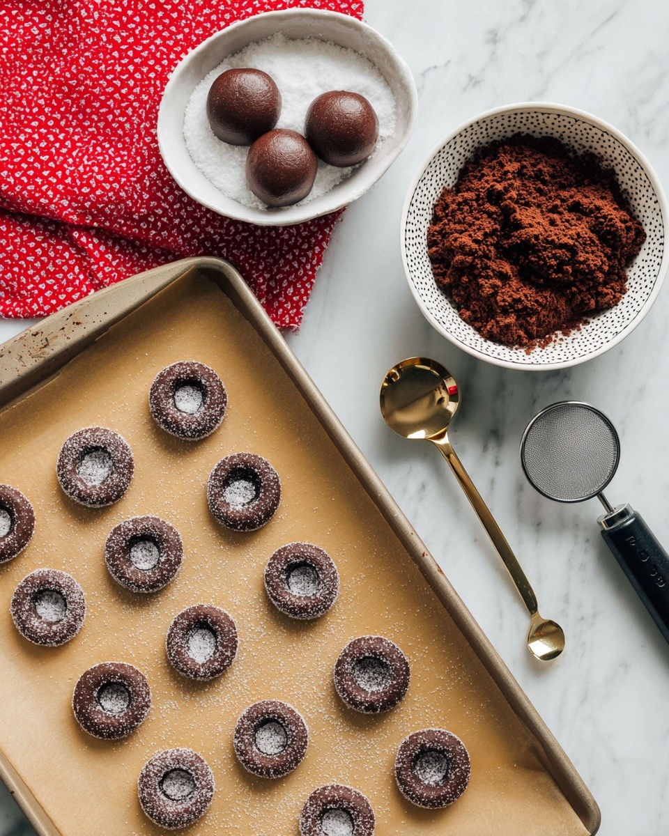 A baking tray lined with light brown parchment paper holds twelve small chocolate dough rounds, each dipped in granulated sugar and hollowed out in the center, showing a rough, textured surface. To the top right, there is a white bowl with a honeycomb pattern filled with crumbly, dark brown chocolate dough. To the top left, a white bowl contains three smooth chocolate dough balls resting on a bed of white granulated sugar, sitting on a red cloth with small white polka dots. Nearby, a stainless steel cookie scoop with black handles and a small golden measuring spoon lie on a white marbled surface. Photo taken with an iphone --ar 4:5 --v 7